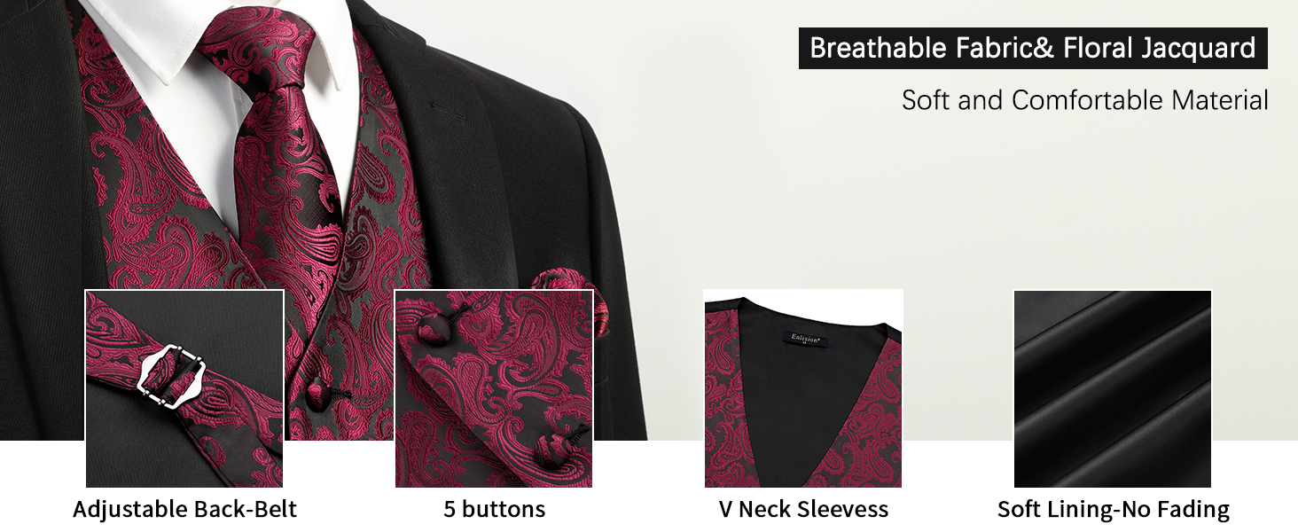 Костюм-тріо Enlision для чоловіків: жилет, краватка та нагрудна хустинка з квітковим патерном пейслі, чорний, розмір L