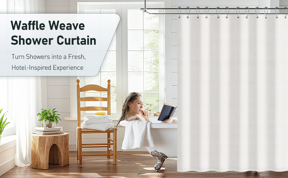 Шторка для душу Uniclife Біла, 180x180 см, вафельна текстура, водовідштовхувальна, 100% поліестер, з 12 нержавіючими люверсами, з 12 металевими гачками та обтяженим краєм, H183 x B183 см (1 шт.)