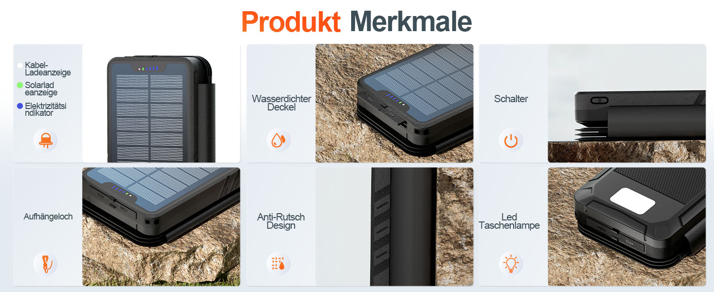 Сонячний павербанк 26800mAh elzle з 2 USB-A виходами та 1 USB-C входом, вологостійкий зовнішній акумулятор з 4 сонячними панелями та ліхтариком для смартфонів, планшетів, кемпінгу, чорний