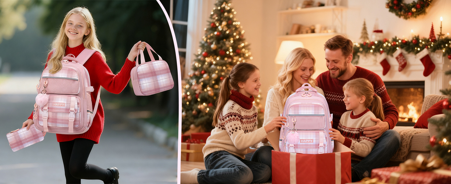 Шкільний рюкзак для дівчинки з візерунком, дихаючий та водовідштовхуючий рюкзак для 1-5 класів (рюкзак для дітей + ізольована ланч-торбинка + пенал, Рожевий)