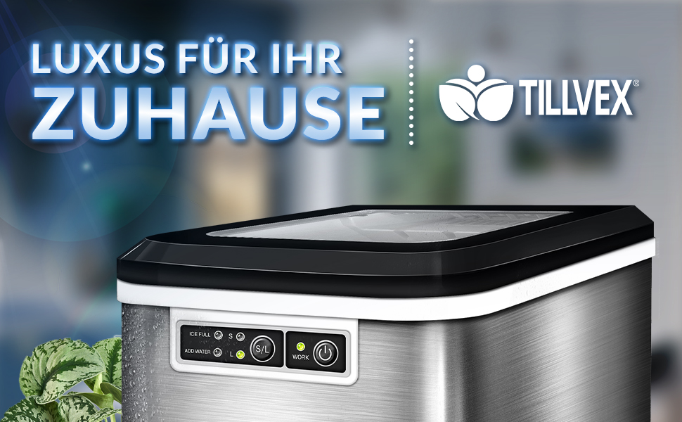 Tillvex Stainless Steel Ice Maker - 12kg Capacity, 24-Hour Production | 2.2L Water Tank, LED Display, Self-Cleaning Function | 2 Ice Cube Sizes