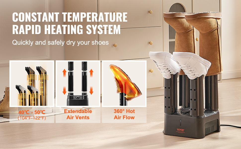 Сушарка для взуття VEVOR з 4-ма трубками, таймером, 200 Вт, підігрівач та сушар для чобіт та взуття