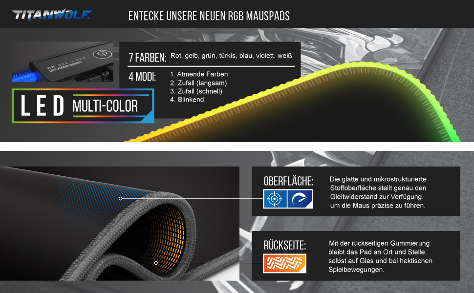 Ігровий килимок для миші TITANWOLF RGB XXL (800x300 мм) з LED-підсвіткою, 11 режимів освітлення, вологостійкий, чорний