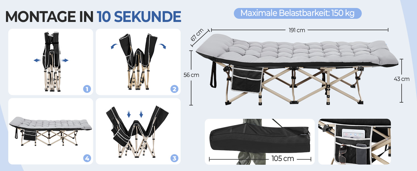 Ліжко складане Yaheetech з матрацом для кемпінгу, сіре (191x67 см, до 150 кг) + Чохол та кишені
