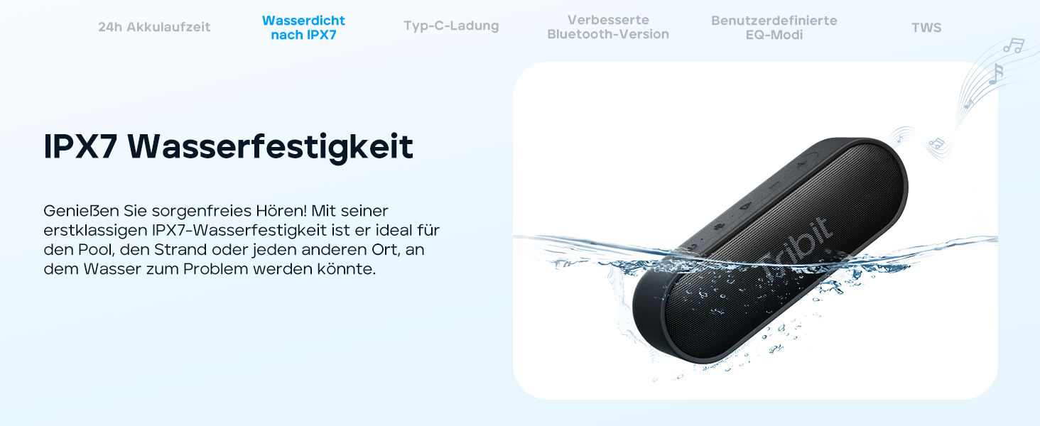 Tribit XSound Go Bluetooth колонка 16W, чорна: Водонепроникна (IPX7), 24 год, TWS, портативна для подорожей, пляжу, кемпінгу