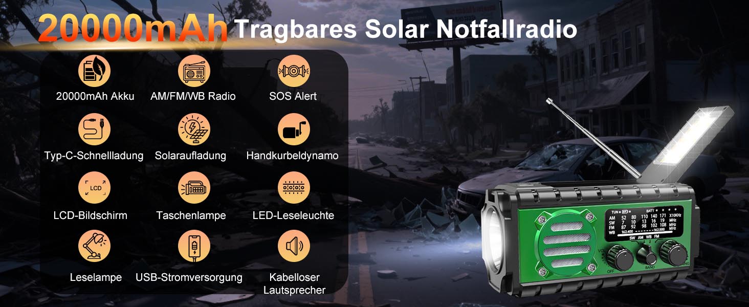 Сонячне радіо Kurbelradio з Powerbank 20000 mAh, AM/FM/SW/WB, Радіо погоди, 4 джерела живлення, ліхтарик, USB-C зарядний пристрій, SOS-сигнал, водонепроникність IPX6 для відпочинку на природі, кемпінгу, будівельних майданчиків (зелене)