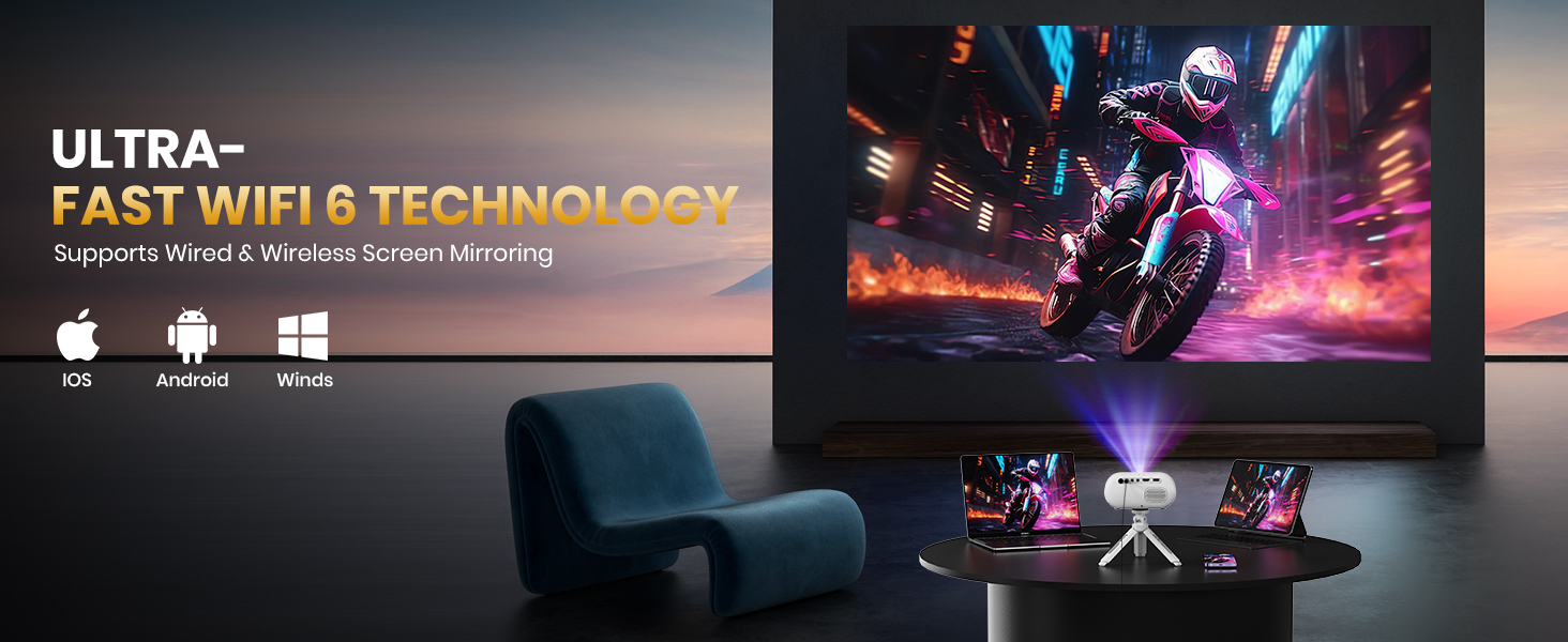 Портативний проєктор Mini Beamer 1080p з Wi-Fi та Bluetooth, сумісний з HDMI, смартфоном, USB, TV-Stick. Ідеально для домашнього кінотеатру та спальні. Чорний (Бежевий)