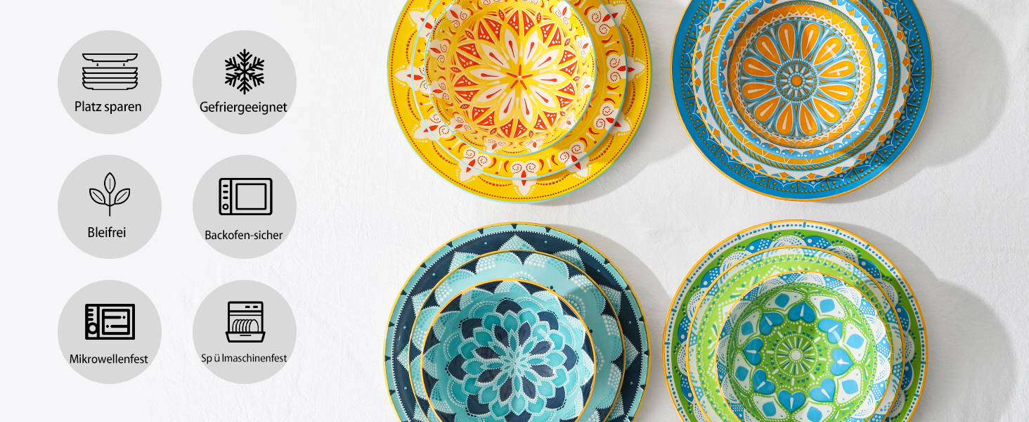 Набір посуду на 4 особи: 12-ти частинний сервіз з порцеляни, керамічний набір посуду, кольоровий дизайн, повний сервіз