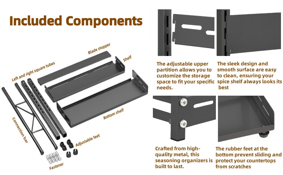 Металевий органайзер для спецій на 2 яруси, регульована висота, з захисним гратом та тримачем для ножів, чорний