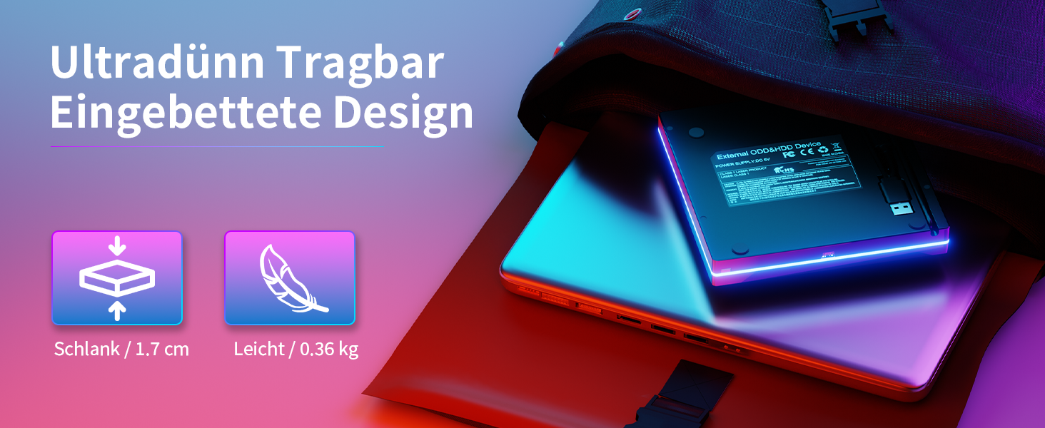 Зовнішній CD/DVD привід USB 3.0 та USB-C, оптичний накопичувач CD/DVD +/-RW ROM Brenner з RGB підсвіткою для ноутбука, ПК, MacBook, Windows та MacOS