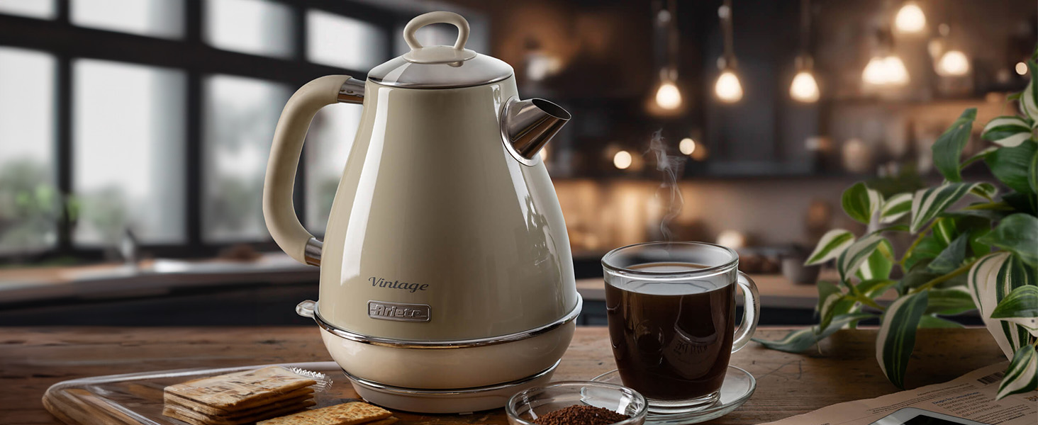 Ariete Vintage Electric Kettle 2869 - 1.7L Stainless Steel Retro Kettle with Water Level Window, Cordless 360° Base, Auto Shut-Off, Tea Infuser, 2000W (Beige)