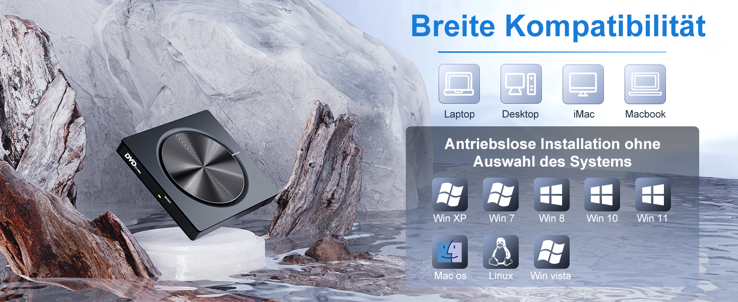 Зовнішній CD/DVD привід USB 3.0 та USB-C, оптичний накопичувач CD/DVD +/-RW ROM Brenner для ноутбука, ПК, MacBook, iMac (Windows, MacOS, Linux)