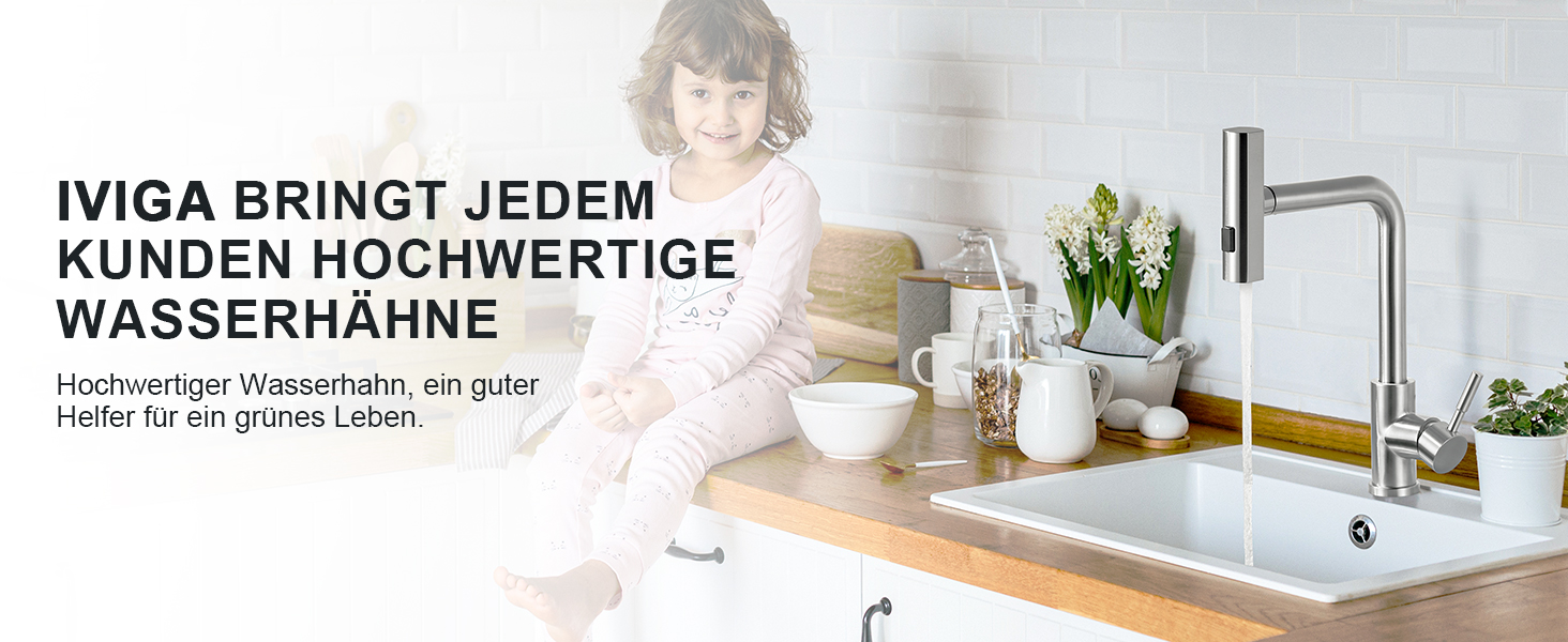 Кухонний змішувач iVIGA висувний з дозатором, водоспад, 360° поворот, 3 режими, щіткова нікель, T-подібний