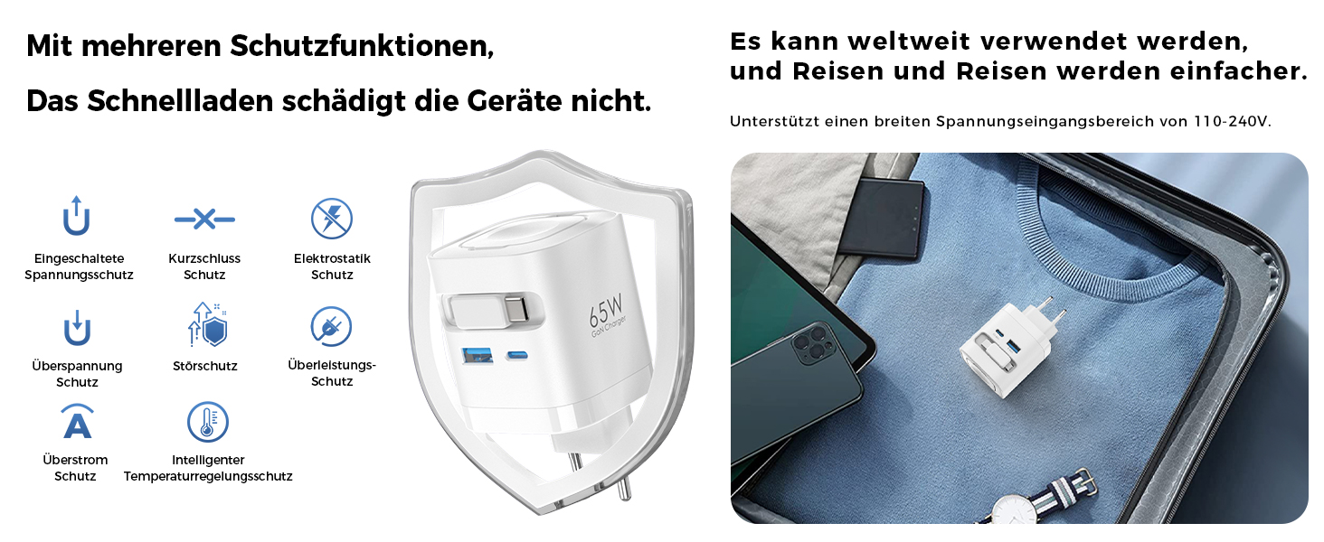 Зарядний пристрій 65W USB-C GaN з кабелями для Apple Watch, iPhone, iPad, MacBook, Samsung Galaxy - білий