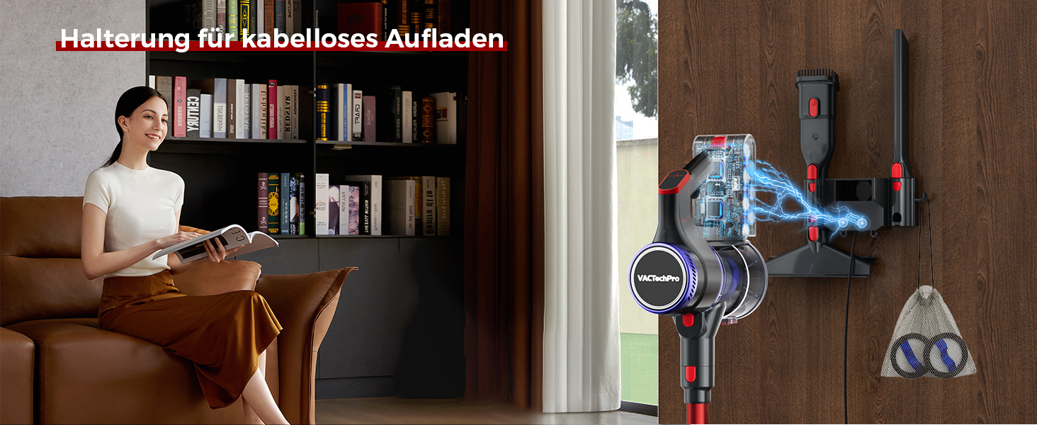 Бездротовий пилосос 48000Pa/550W з акумулятором, 70 хвилин роботи, об'єм 1.6л, 8-шарова фільтрація, тихий, з антизаплутуючим насадкою для твердих поверхонь, червоний, Rot 15 Ultra