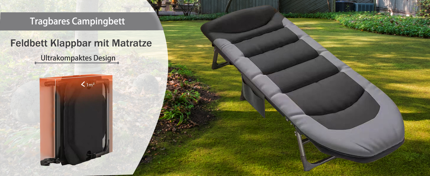 Розкладне ліжко-крісло для кемпінгу та відпочинку: ліжко-крісло, карпове ліжко, гостьове ліжко (чорне)