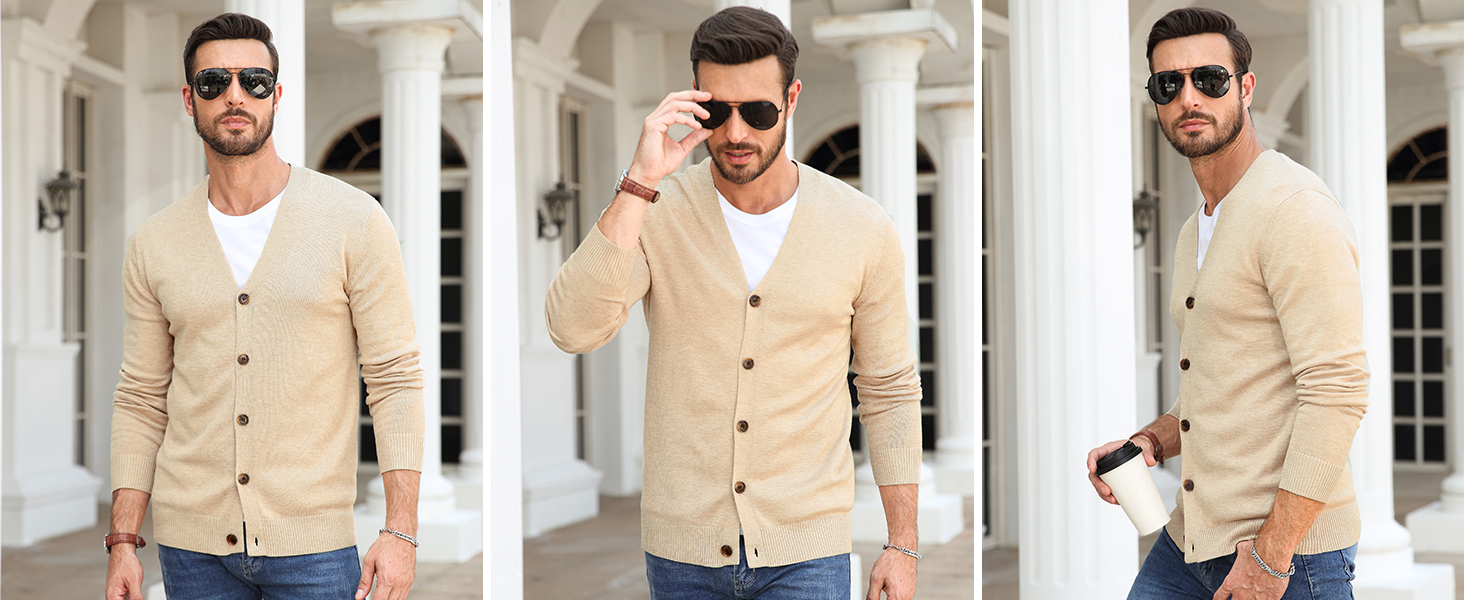 Чоловічий в'язаний кардиган вінтажного стилю з ґудзиками, з довгим рукавом, V-подібний виріз, легкий та теплий на осінь/зиму, бежевий, розмір M