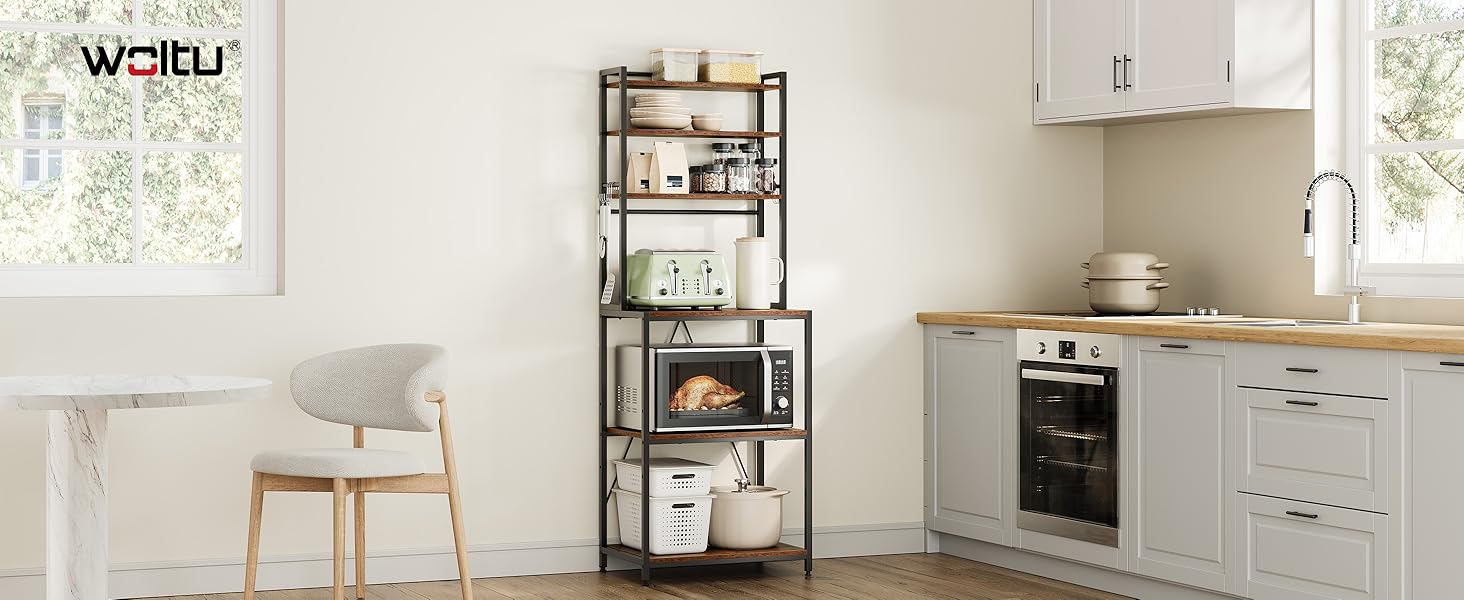 Стелаж кухонний Woltu з 6 полицями, з гачками, з металу та інженерної деревини, 60 x 167 x 40 см, рустичний коричнево-чорний