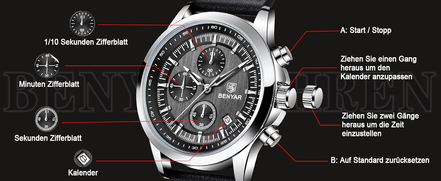 Годинник чоловічий BENYAR Chronograph Аналоговий кварц Водостійкий зі світлодіодною підсвічуванням дати, стильний бізнес-годинник для чоловіків (зелений)