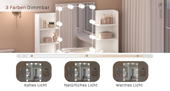 Туалетний столик WOLTU з LED-підсвіткою, дзеркалом, 2 USB-портами, 2 шухлядами та 4 відкритими полицями, білий, для макіяжу і спальні