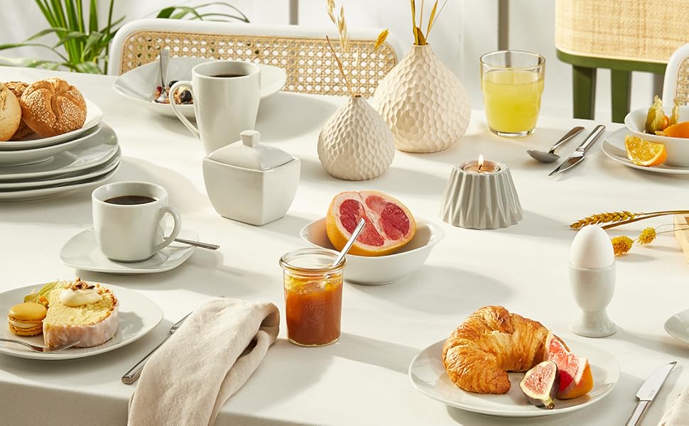 Набір посуду KHG Kombiservice 62 елементи | Білий сервіз для 6 осіб з якісного порцеляну | Класичний дизайн | З цукерницею, ложками для яєць та молочником