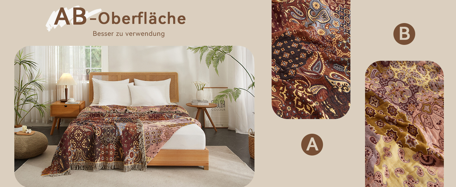 Плед Boho Softexly з 100% бавовни – двосторонній мусліновий плед 150x200 см, м'який плед на диван та ковдра на ліжко, естетичний дизайн, ідеально для вітальні та спальні, помаранчево/блакитний (150 x 200 см, візерунок Пайслі)