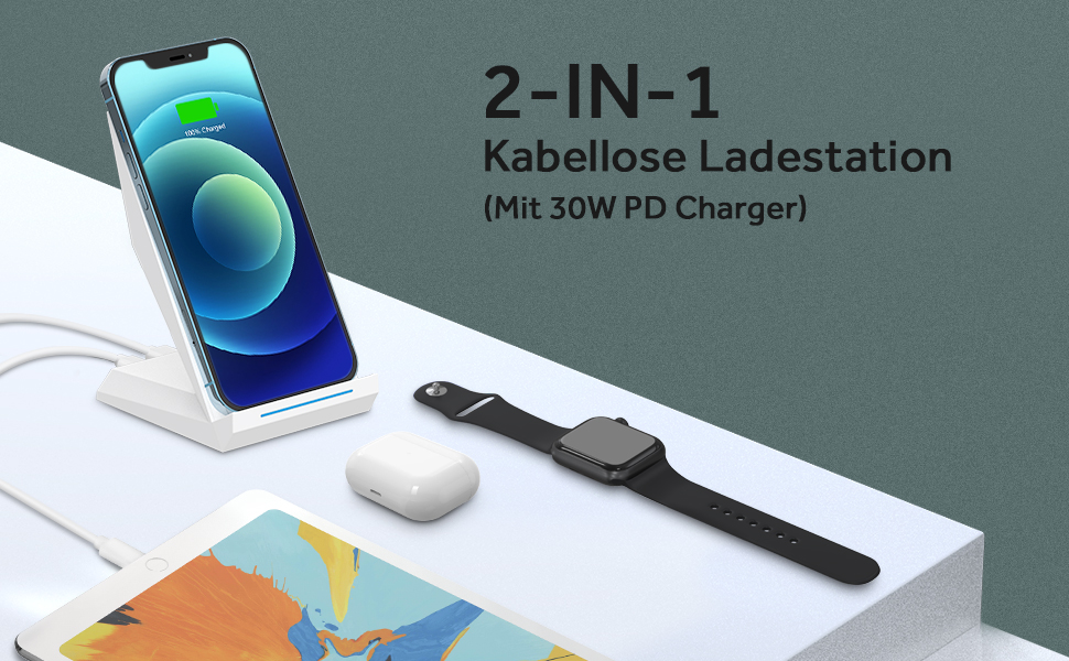 Бездротовий зарядний пристрій NANAMI 30W USB-C з індукційним підсвічуванням, 2-в-1 для iPhone та Samsung