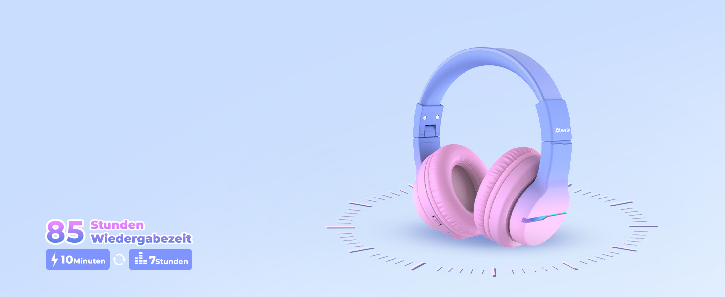 iClever Бездротові навушники для дітей з LED-підсвічуванням, Over-Ear, Bluetooth 5.2, мікрофон, рожевий градієнт, час роботи 85 годин