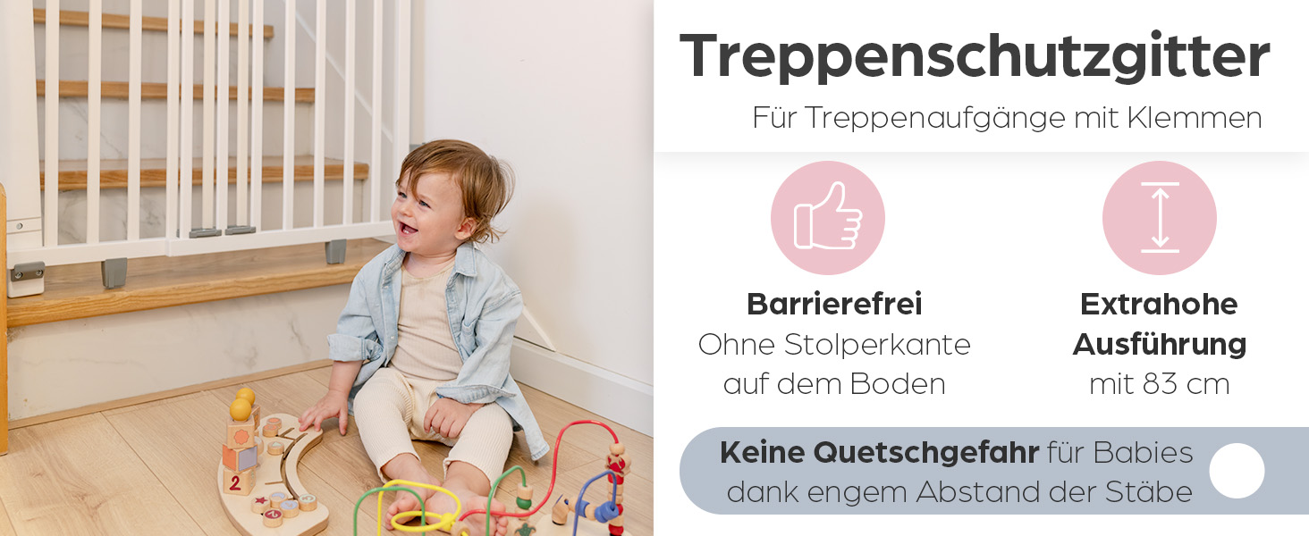 Захист для сходів Geuther Oris | Дверний захист для сходів з кріпленням, 2 клямки для поручнів, ширина | Стабільний захист з розпадною дверцятами | Дерев'яне дитяче гiтер, натуральний лак (білий, 95-135 см)