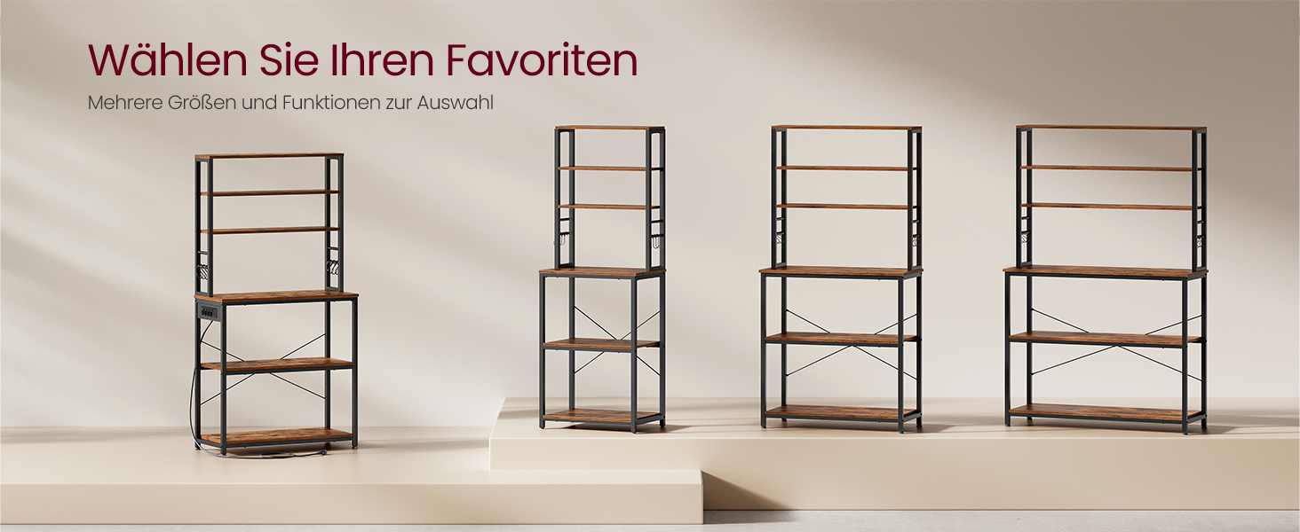 Стелаж кухонний VASAGLE з розетками, 6 полиць, гачки, сталевий каркас, 40x60x167 см, колір горіх + білий