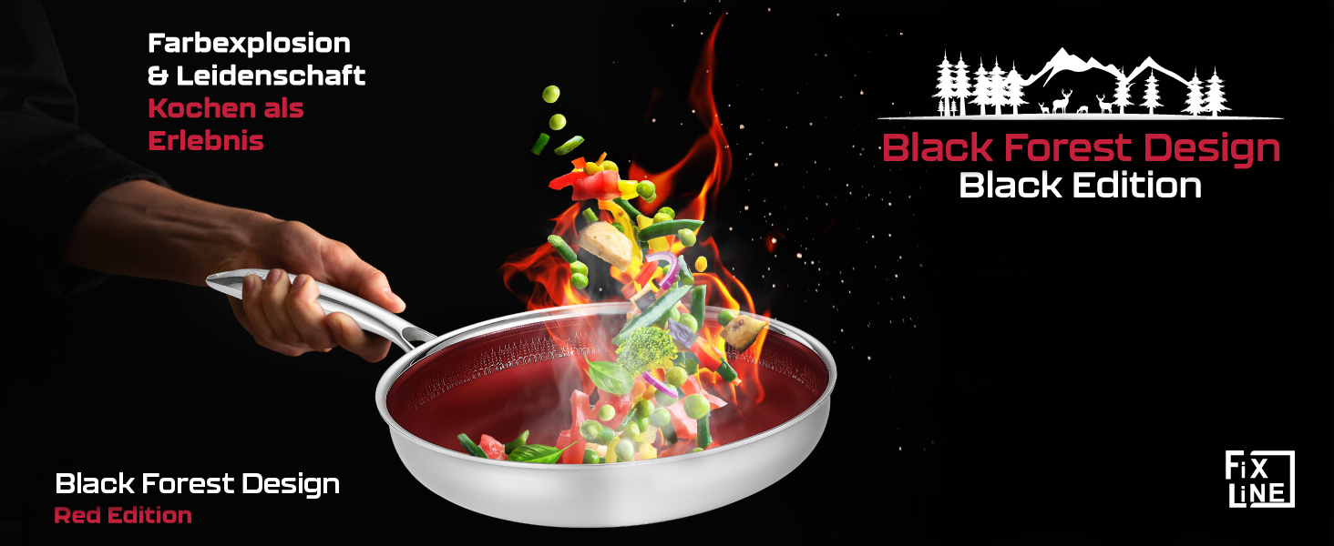 FIXLINE Black Forest Non-Stick Fry Pan - 28cm - RED Design - PTFE-Free - Compatible with All Cooktops (Including Induction) - Oven Safe up to 250°C - Easy to Clean - Ideal Gift