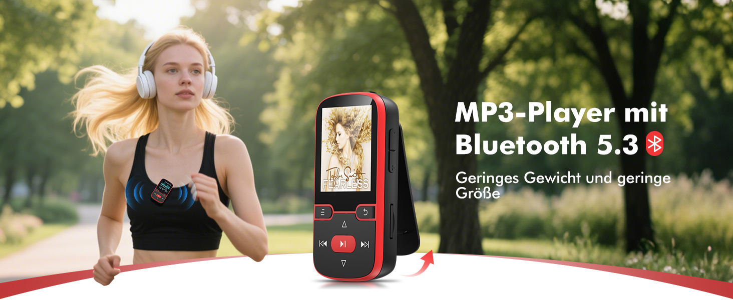 MP3 плеєр 64GB Bluetooth 5.3 з кліпсою, Hi-Fi, для спорту, з FM-радіо, диктофоном, крокоміром, підтримка картки до 128GB, червоний