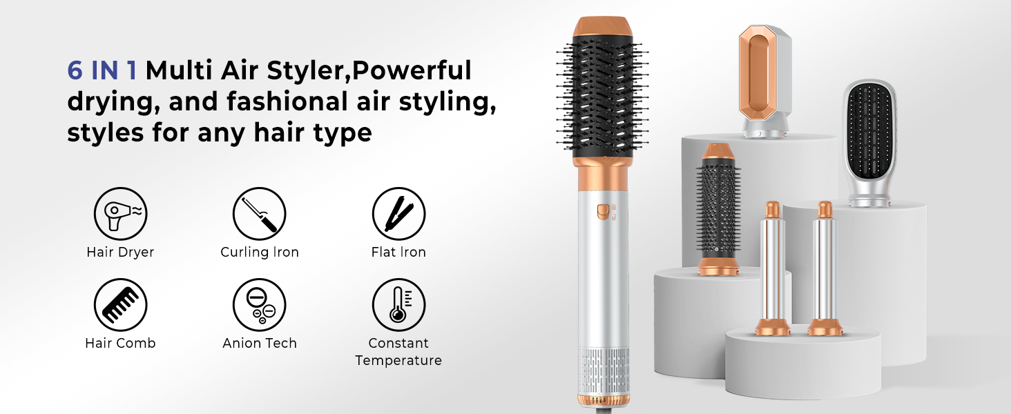 Фен-щітка 6 в 1 Airbrush Pro | Набір для укладки волосся - 1000W, круглі щітки, керлер, фен-щітка, фен, випрямляч | Для всіх типів волосся - блакитний (класичний білий)