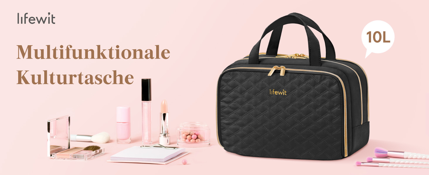 Жіноча дорожня косметичка Lifewit 10L, водовідштовхувана, з відділенням для мокрого, органайзер для макіяжу та аксесуарів, чорна
