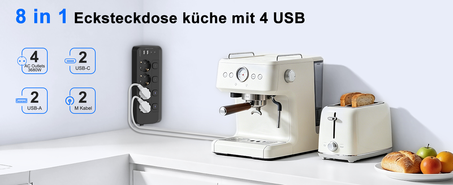 Кутова розеткa-подовжувач на 4 гнізда з 2 USB-C та 2 USB-A портами, плоский штекер, чорна