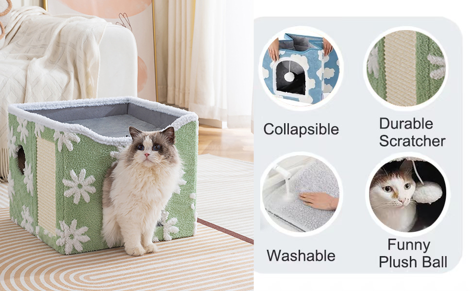 Будиночок-лежанка для кота ERNAN з когтеточкою та іграшкою, розкладний, синій, S