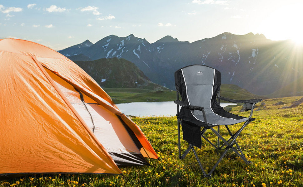 Кемпінговий стілець ALPHA CAMP складний, до 160 кг, з підлокітниками та тримачем для напоїв, сталевий каркас, чорно-сірий X-Large