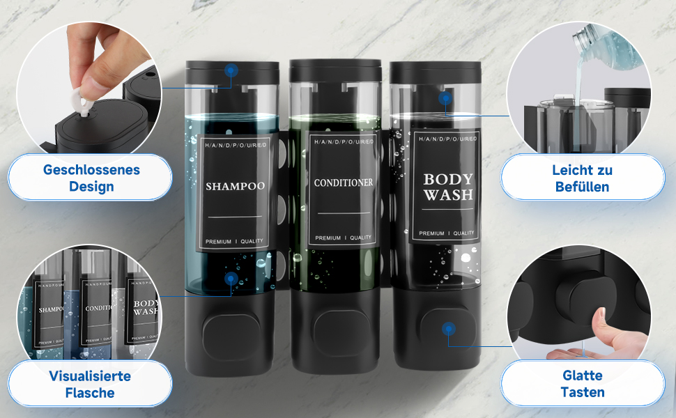 Настінний диспенсер для мила та гелю для душу з 3 відсіками (300мл, ABS, чорний)