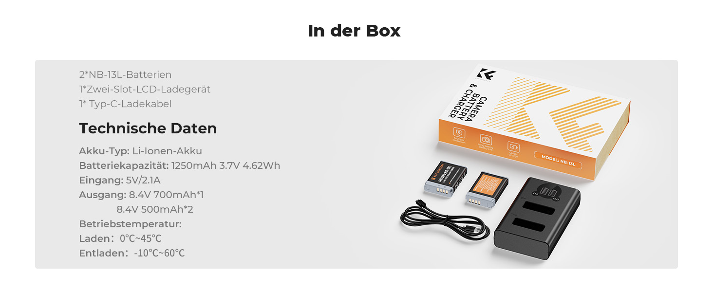 Запасний акумулятор K&F CONCEPT NB-13L (2 шт.) з LCD-зарядним пристроєм для Canon EOS G7X3/G7X2/G9X/G5X/SX720HS