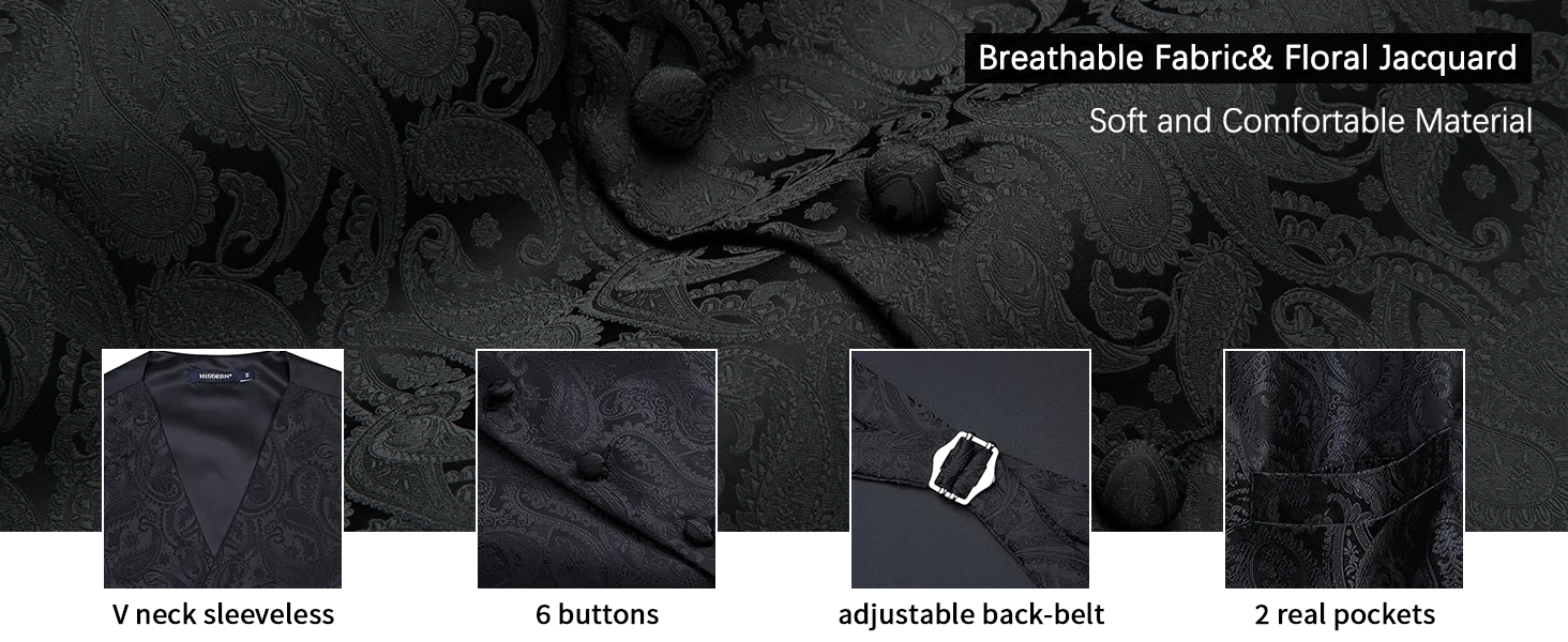 Костюм-тріо Enlision для чоловіків: жилет, краватка та нагрудна хустинка з квітковим патерном пейслі, чорний, розмір L