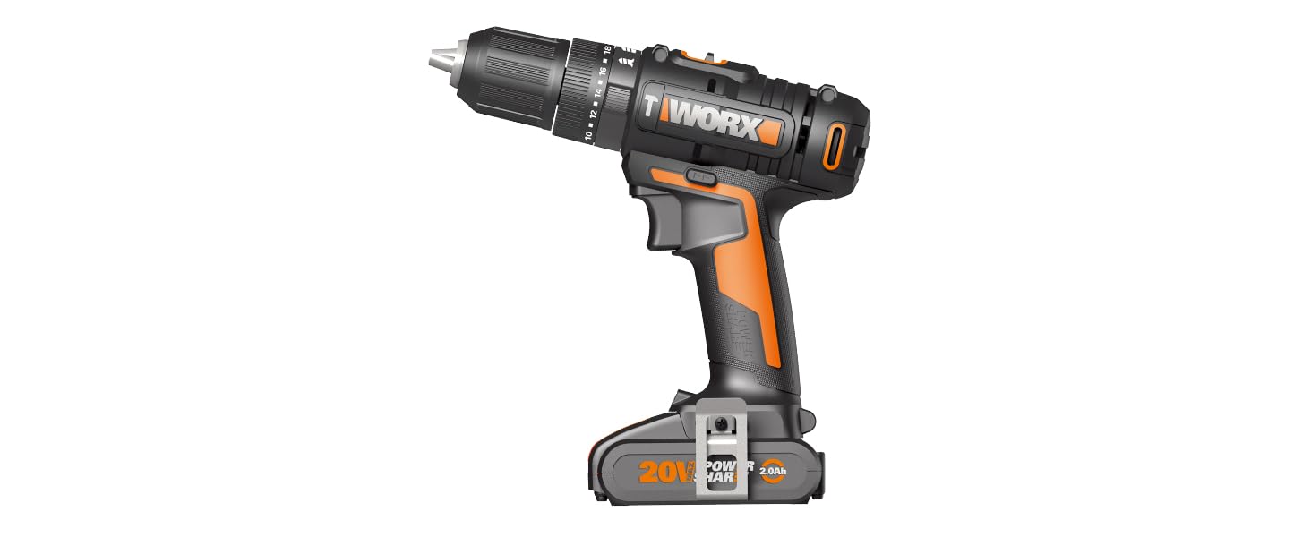 WORX NITRO WX352 акумуляторний ударний дриль-шуруповерт 20V - безщітковий двигун - для шурупування, свердління та ударного свердління - 60Nm - 2-швидкісне редуктор - з LED-підсвіткою - комплект з 2x20V 2Ah акумуляторами та 2A швидким зарядним пристроєм