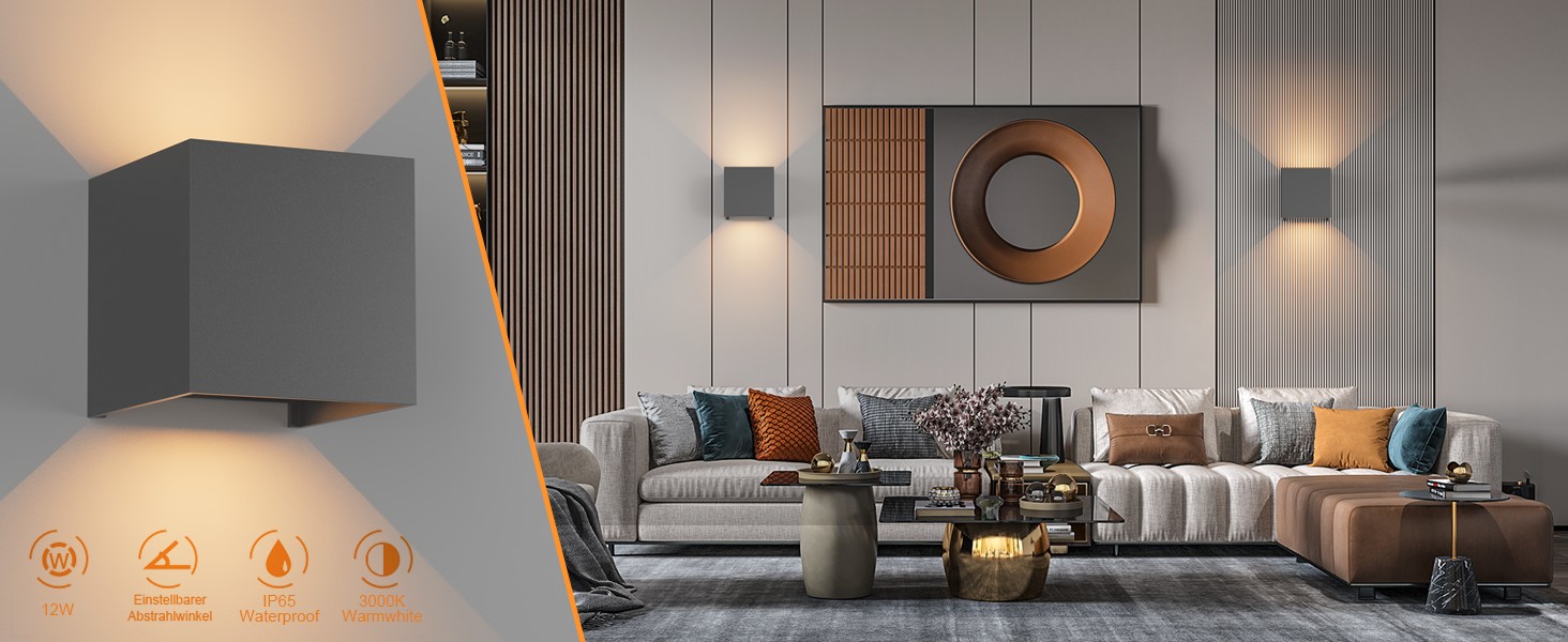 LED-стінні світильники Klighten 2 шт. 12W, регульований світловий промінь, тепле світло 3000K, IP65, для дому та саду, антрацит