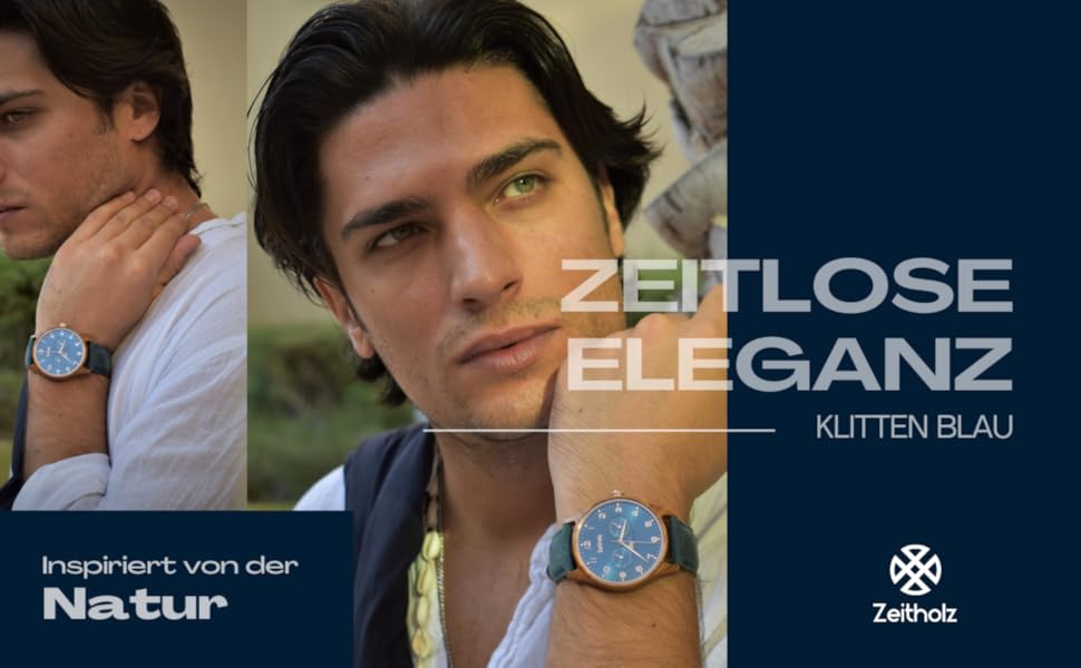 Годинник Zeitholz Holzuhr для чоловіків, аналоговий, 42 мм, з натурального дерева та японським кварцовим механізмом. Екологічний стиль, преміум якість. Колір: блакитний