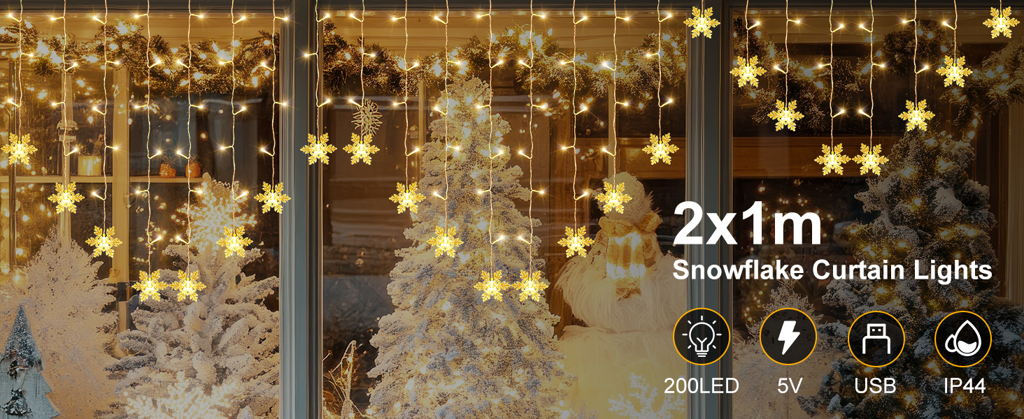 Ланцюжок LED-ліхтарів 2x2м, 200 LED, USB, тепле біле світло, для декору стін, кімнат, вечірок, весіль, Рамадан, Різдво (сніжинки)