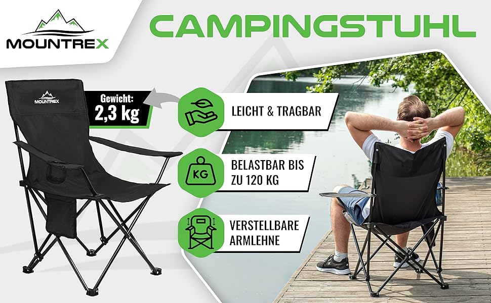 Крісло для кемпінгу MOUNTREX складне (до 120 кг) - регульовані підлокітники, для риболовлі, пляжного відпочинку, компактне та легке, з підстаканником та сумкою, чорне