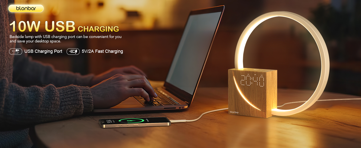 Нічна лампа Blonbar 10W з USB-зарядкою, будильник-світло, сенсорне керування, регулювання яскравості, нічник для дітей та дорослих, 3 рівні яскравості, для спальні та вітальні