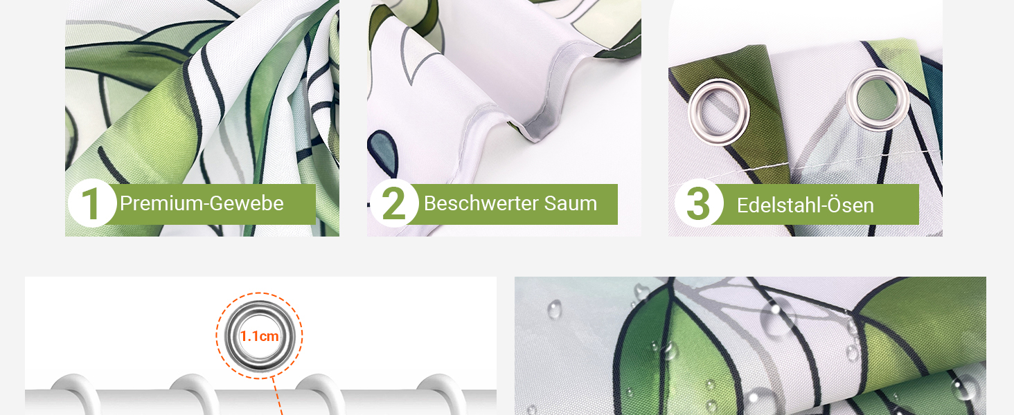 Штора для душу 200x200 см, зелені листки, антигрибкова, текстильна, водовідштовхувальна, поліестер, з кільцями (1 шт)