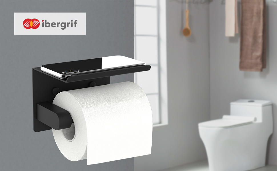 Тримач туалетного паперу Ibergrif з 2 способами монтажу, без свердління, з полицею, нержавіюча сталь, чорний