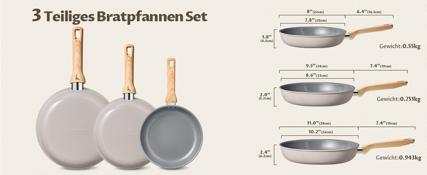 Набір сковорідок для індукції, 20/24/28 см, керамічне покриття з бакелітовою ручкою, антипригарне покриття, молекулярно з'єднане дно для індукції, підходить для всіх типів плит, без PTFE, PFAS та PFOA, 3 шт.