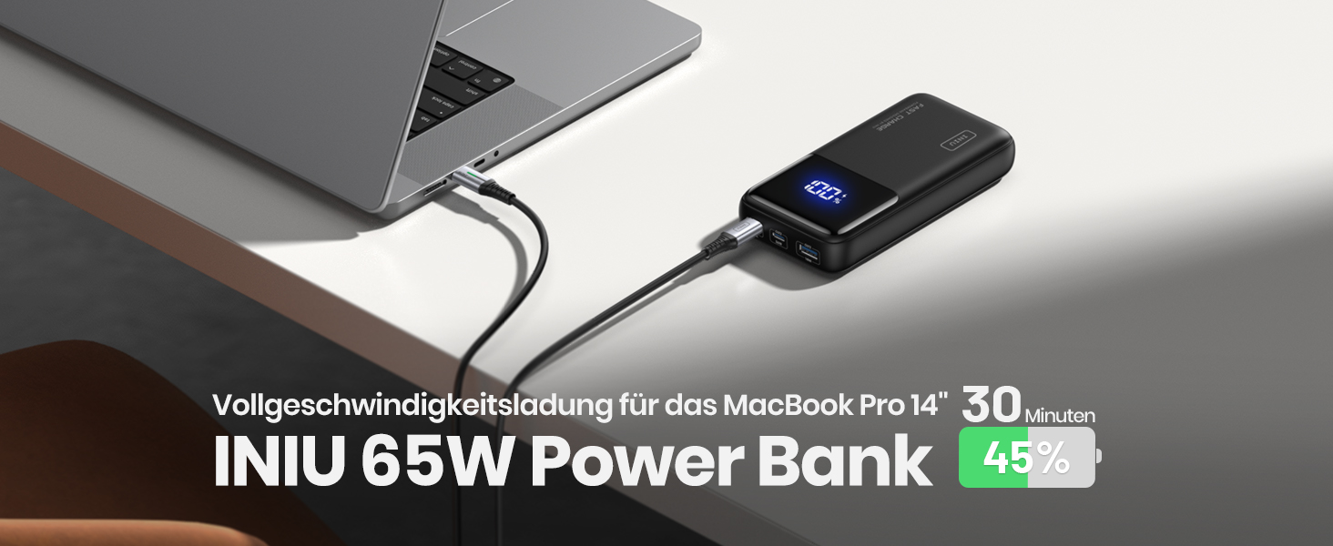 Повербанк INIU 65W 20000mAh для ноутбуків та смартфонів, швидка зарядка USB-C для MacBook, Steam Deck, iPhone, Samsung, iPad